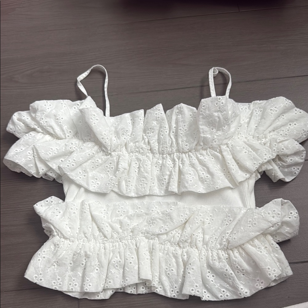 Zara White Ruffled Smocked Blouse